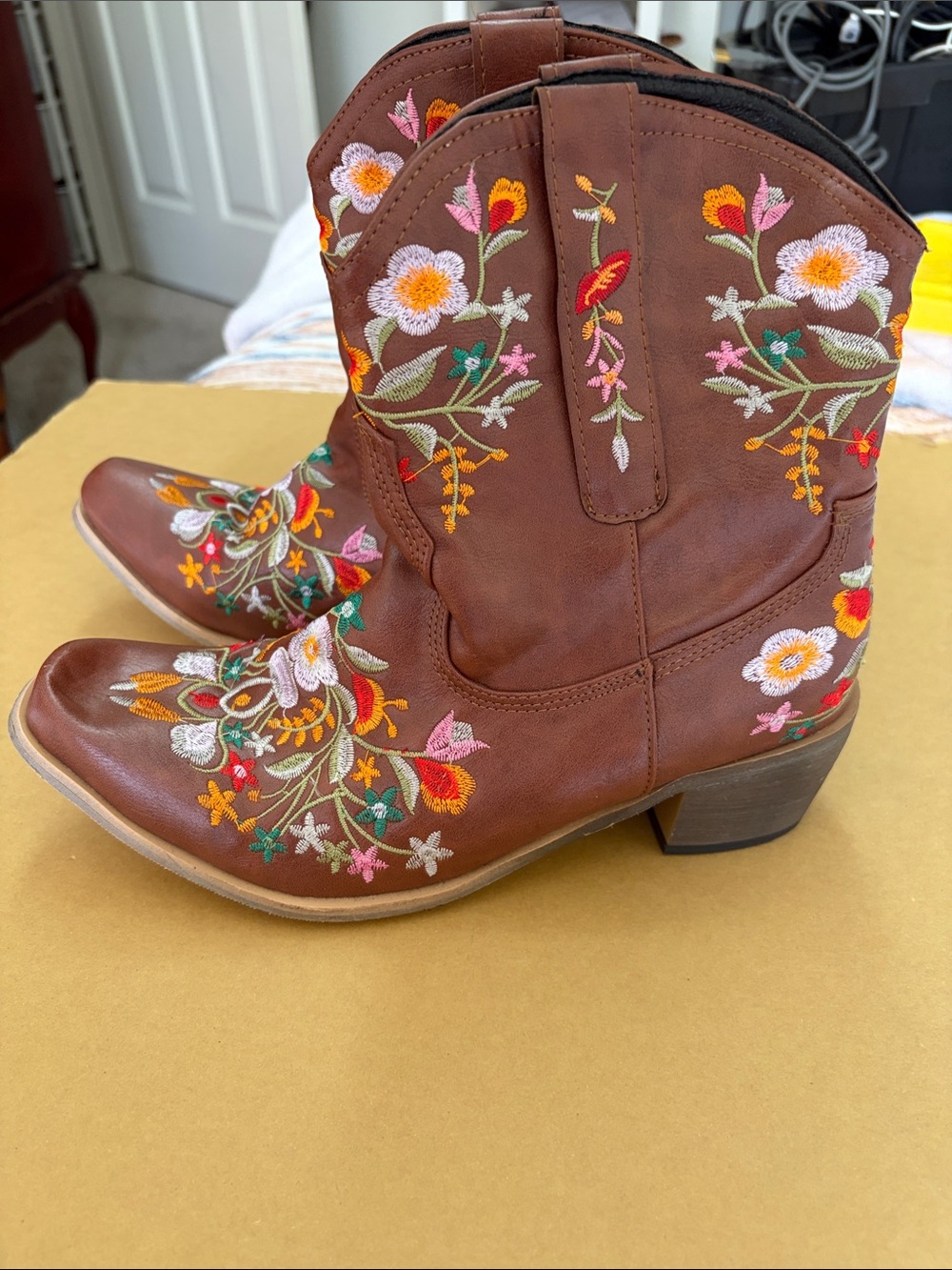 Brown Floral Embroidered Western Heeled Ankle Boots